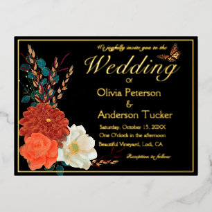 Fall Wedding Ivory QRC Floral Monarch Butterfly Foil Invitation Postcard