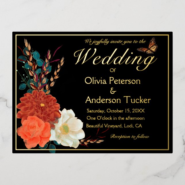 Fall Wedding Ivory QRC Floral Monarch Butterfly Foil Invitation Postcard (Front)