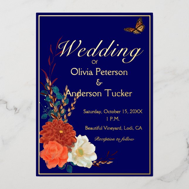 Fall Wedding Navy Blue Floral Monarch Butterfly (Front)