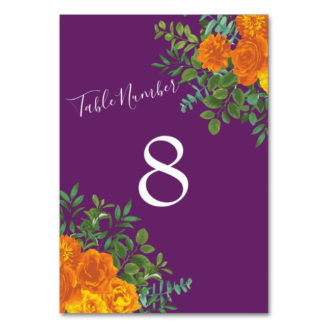 Fall Wedding Orange Rose Purple Table Number (Back)