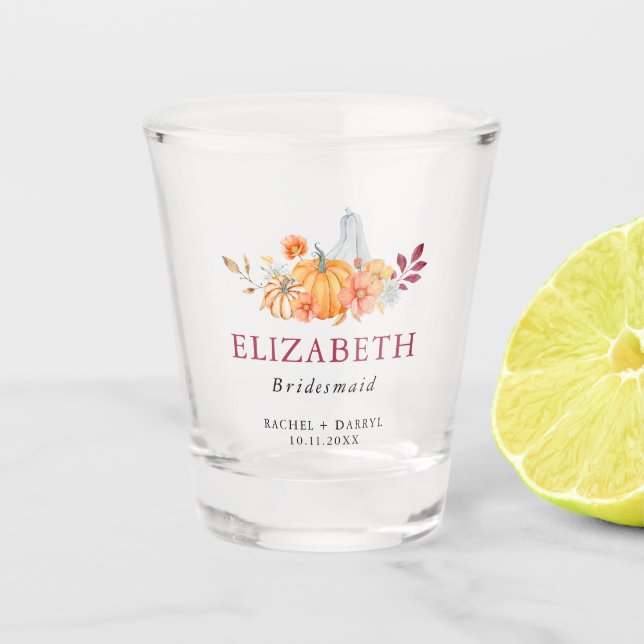 Fall Wedding Pumpkin Bridesmaid Gift Custom Shot Glass (Front)