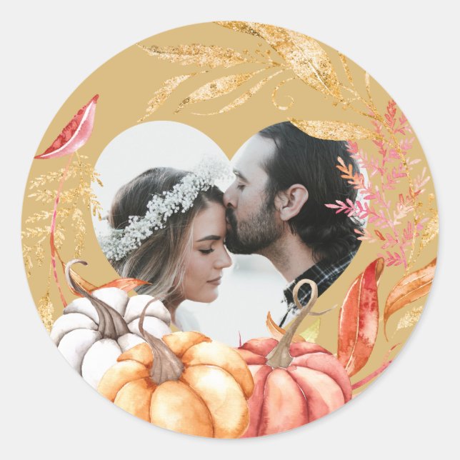 Fall Wedding Pumpkin Heart Shape Photo Gold Yellow Classic Round Sticker (Front)