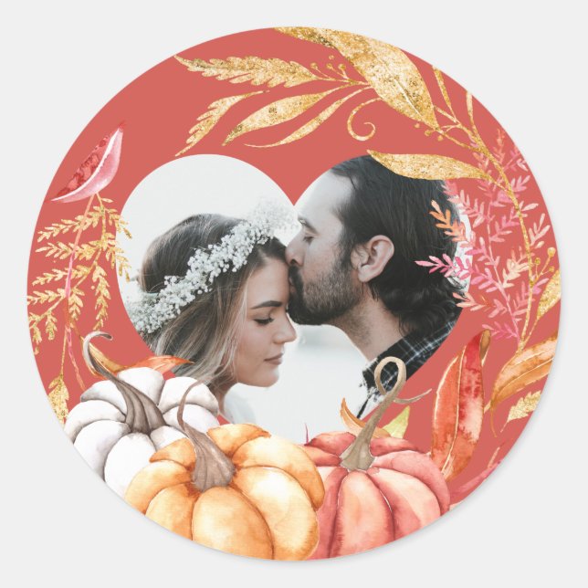 Fall Wedding Pumpkin Heart Shape Photo Warm Red Classic Round Sticker (Front)
