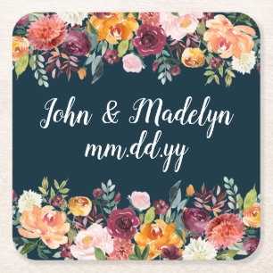 Fall Wedding Reception Personalized Elegant Floral Square Paper Coaster