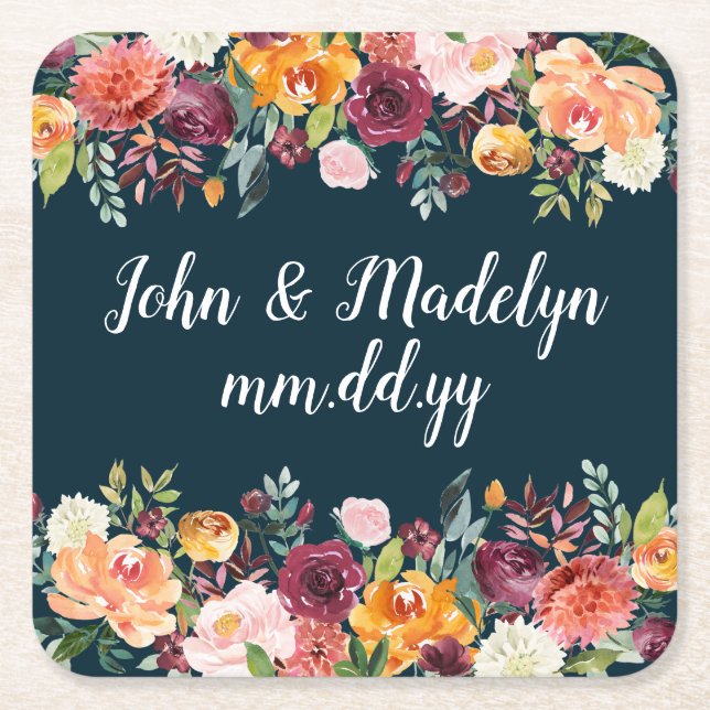 Fall Wedding Reception Personalized Elegant Floral Square Paper Coaster (Front)