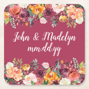 Fall Wedding Reception Personalized Elegant Floral Square Paper Coaster