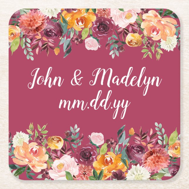 Fall Wedding Reception Personalized Elegant Floral Square Paper Coaster (Front)