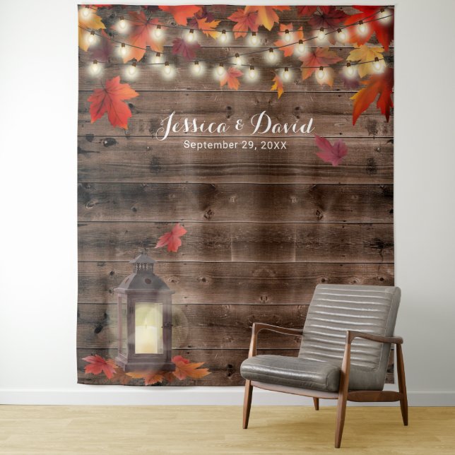 Fall Wedding Rustic Autumn Leaves Lantern Backdrop Tapestry (In Situ)