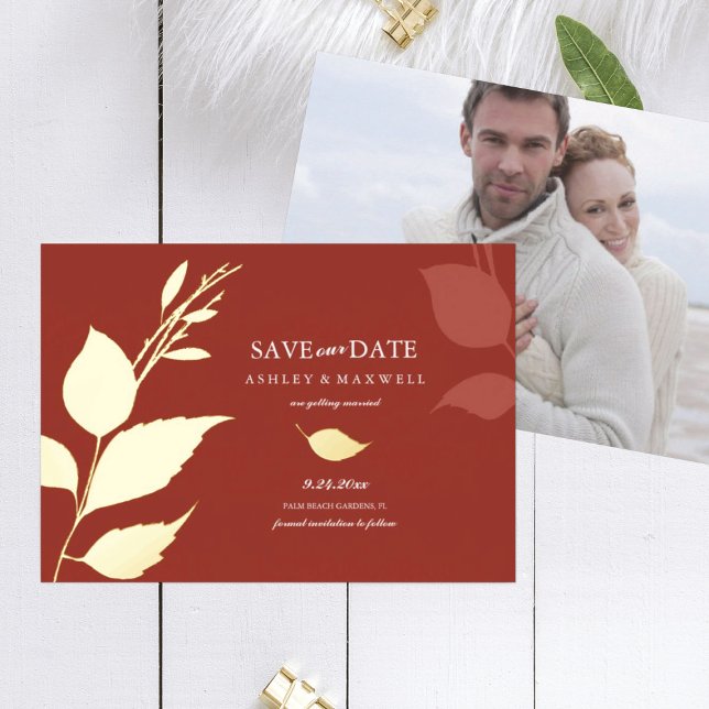 Fall Wedding Save the Date Orange Leaves (save the date orange wedding photo card)