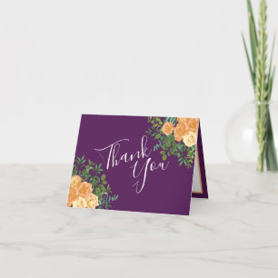 Fall Wedding Vintage Peach Rose on Purple Thank You Card