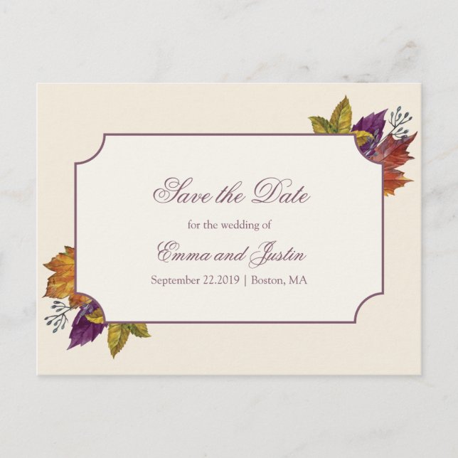 Fall Wedding Watercolor Leaves Save the Date Announcement Postcard (Front)