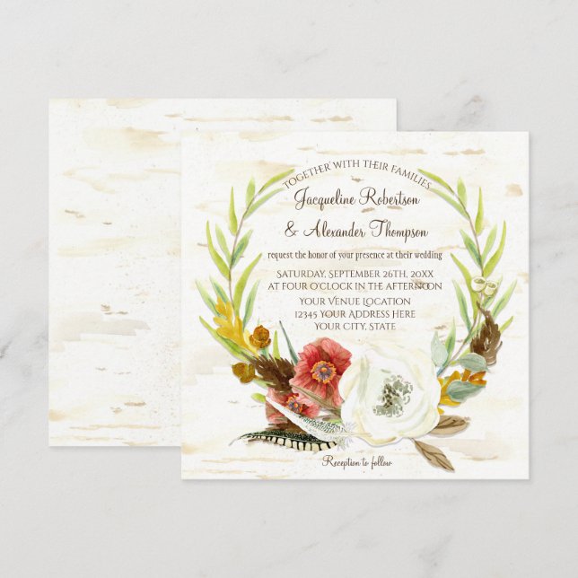 Fall Wedding Wreath Boho Feather Birch Bark Square Invitation (Front/Back)