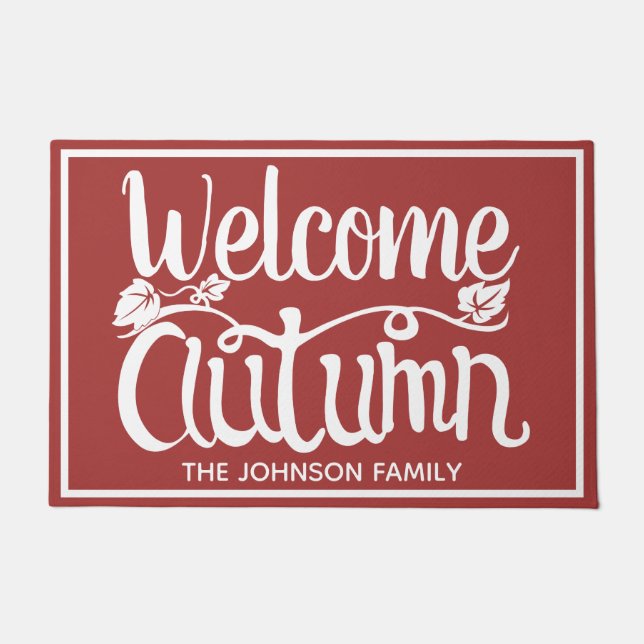 Fall Welcome Autumn in Red | Personalized Doormat (Front)