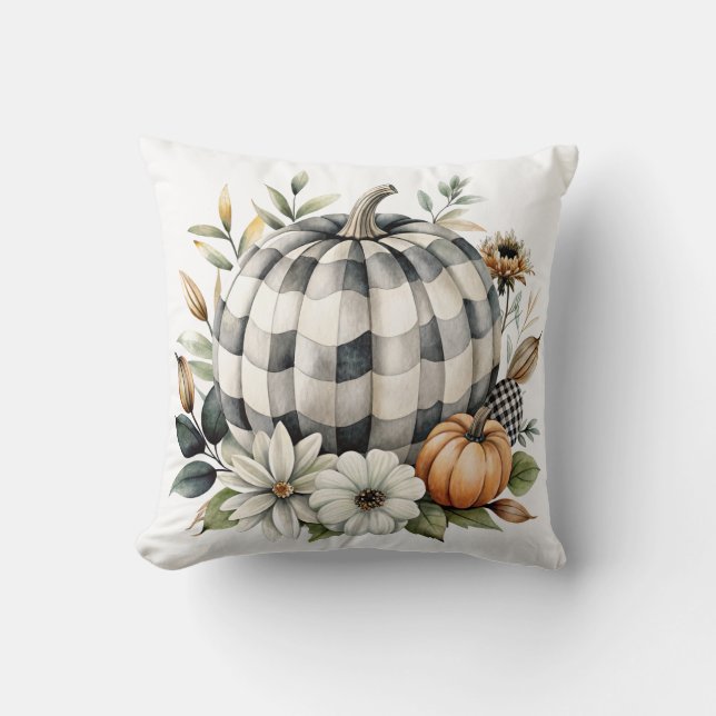 Fall White and Black Wavy Check Pumpkin Throw Pillow (Front)