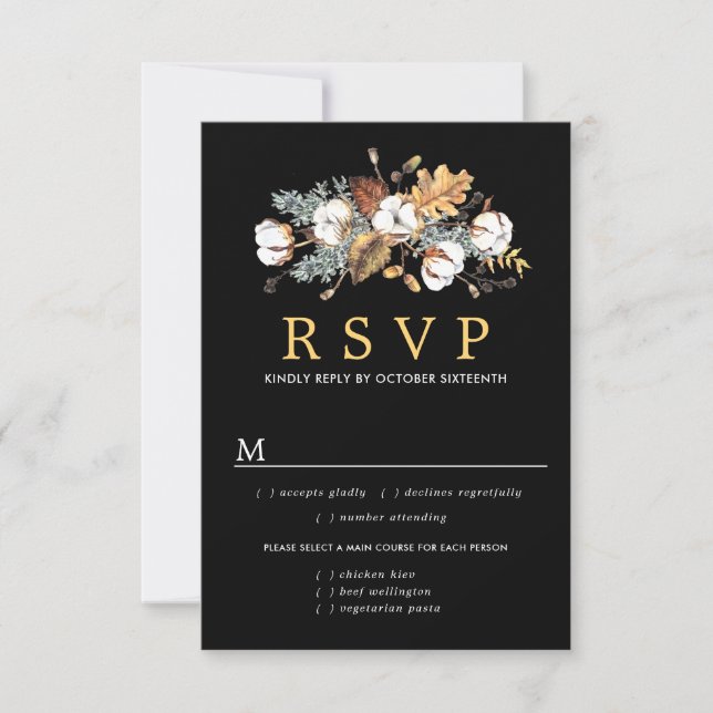Fall White Floral Wedding RSVP Card, Meal Options (Front)