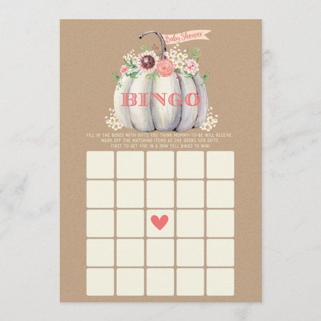 Fall White Pumpkin Baby Shower Bingo Game Menu (Front)