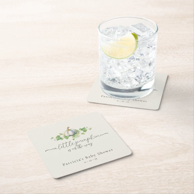 Fall White Pumpkin Baby Shower Square Coasters (Insitu)