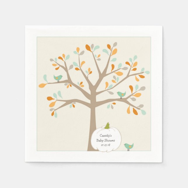 Fall White Pumpkin baby shower with name date Napkin (Front)