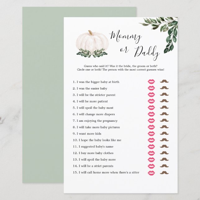 Fall White Pumpkin Mommy Or Daddy Game Cards (Front/Back)