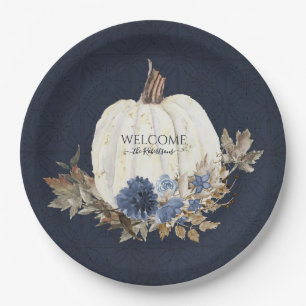 Fall White Pumpkin Navy Dusty Blue Brown Foliage Paper Plate