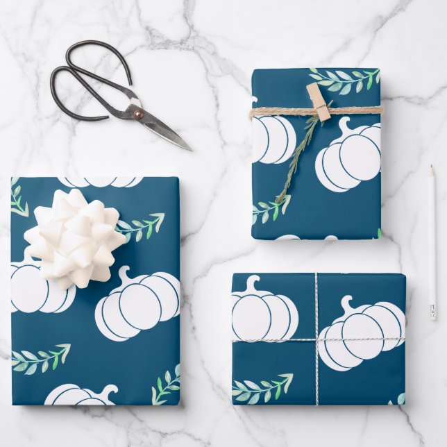 Fall White Pumpkins & Green Laurels Wrapping Paper Sheet (Front)