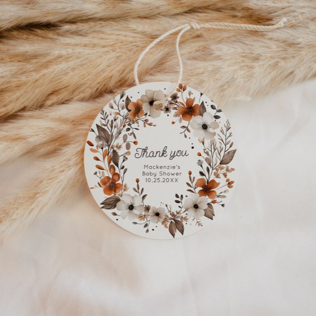 Fall Wildflower Baby Shower Favour Tags (Cozy in Bloom Circle Gift Tag)