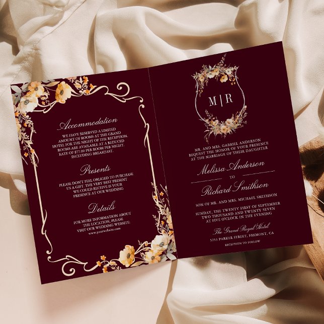 Fall Wildflower Crest Burgundy QR Code Wedding Invitation (Creator Uploaded)
