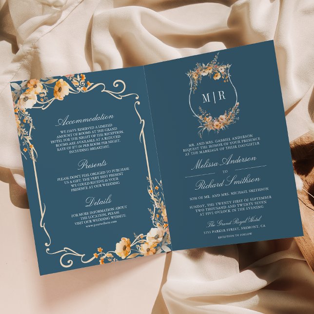 Fall Wildflower Crest Dusty Blue QR Code Wedding Invitation (Creator Uploaded)
