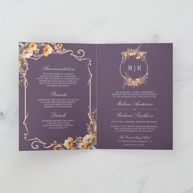 Fall Wildflower Crest Dusty Purple QR Code Wedding Invitation (Inside)