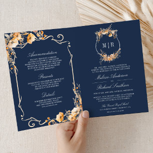 Fall Wildflower Crest Navy Blue QR Code Wedding Invitation