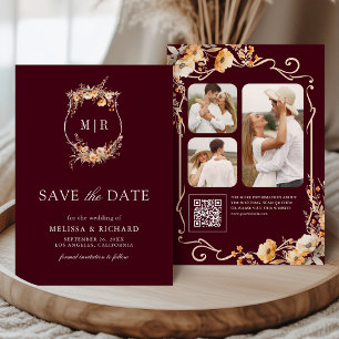 Fall Wildflower Crest QR Code Burgundy Wedding Save The Date