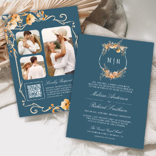 Fall Wildflower Crest QR Code Dusty Blue Wedding Invitation