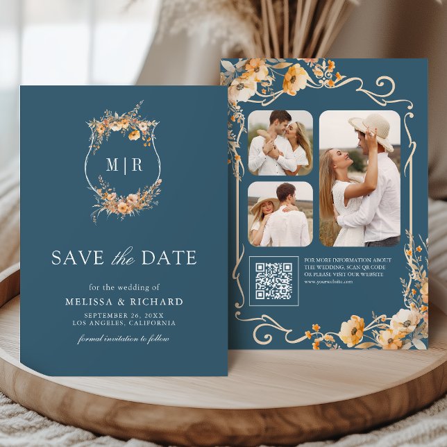 Fall Wildflower Crest QR Code Dusty Blue Wedding Save The Date (Creator Uploaded)