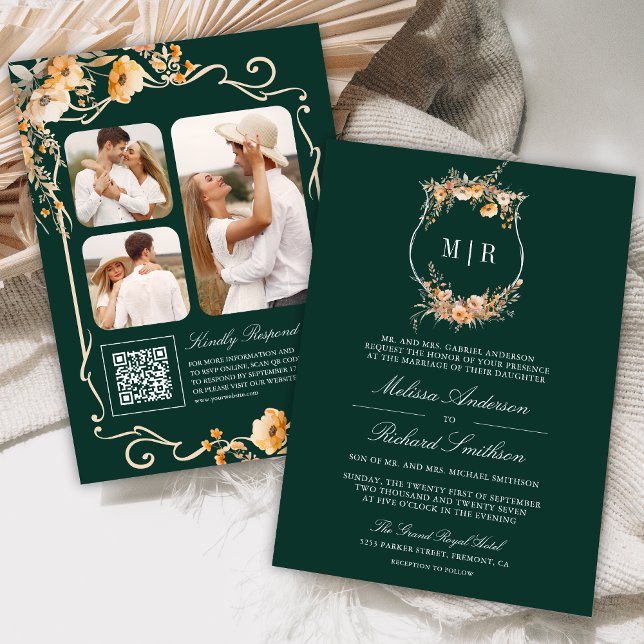 Fall Wildflower Crest QR Code Emerald Wedding Invitation (Creator Uploaded)