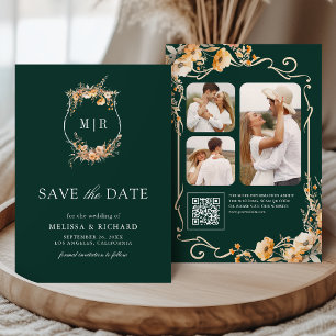 Fall Wildflower Crest QR Code Emerald Wedding Save The Date