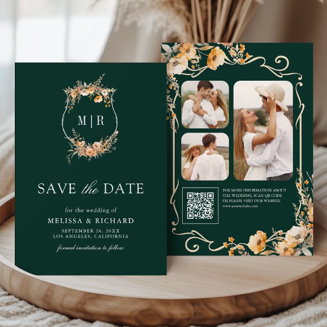 Fall Wildflower Crest QR Code Emerald Wedding Save The Date (Creator Uploaded)