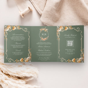 Fall Wildflower Crest Sage Green QR Code Wedding Tri-Fold Invitation