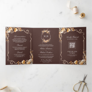 Fall Wildflower Espresso Brown QR Code Wedding Tri-Fold Invitation