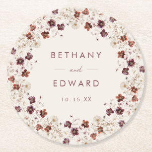 Fall Wildflower Field Beige Wedding Round Paper Coaster