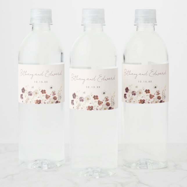 Fall Wildflower Field Beige Wedding Water Bottle Label (Bottles)