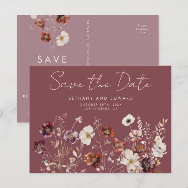 Fall Wildflower Mauve Wedding Save the Date Postcard (Front/Back)