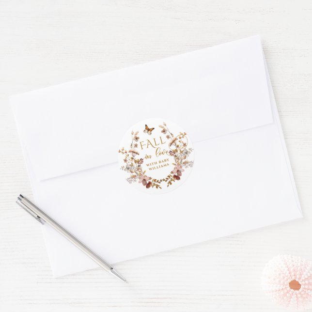 Fall Wildflower Minimalist Elegant Baby Shower  Classic Round Sticker (Envelope)
