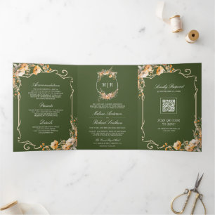 Fall Wildflower Olive Green QR Code Wedding Tri-Fold Invitation