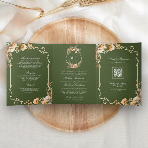 Fall Wildflower Olive Green QR Code Wedding Tri-Fold Invitation