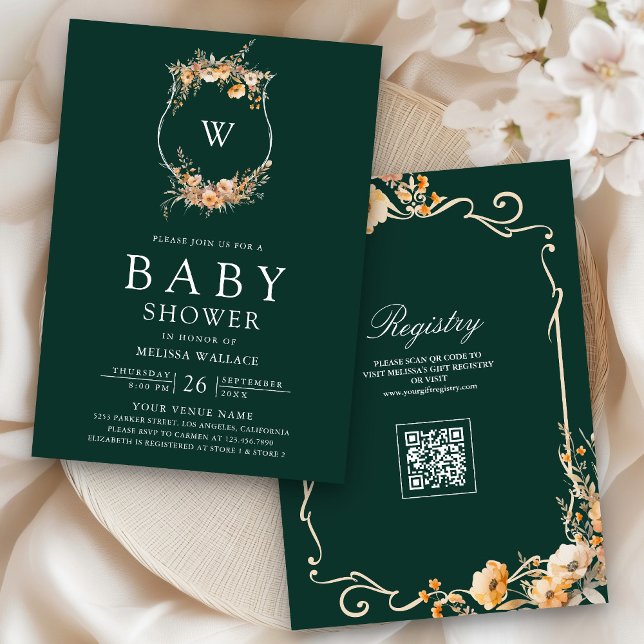 Fall Wildflower QR Code Emerald Green Baby Shower Invitation (Creator Uploaded)