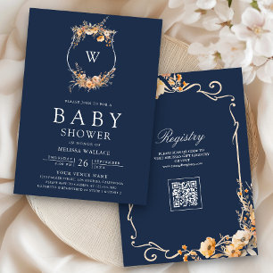 Fall Wildflower QR Code Navy Blue Baby Shower Invitation