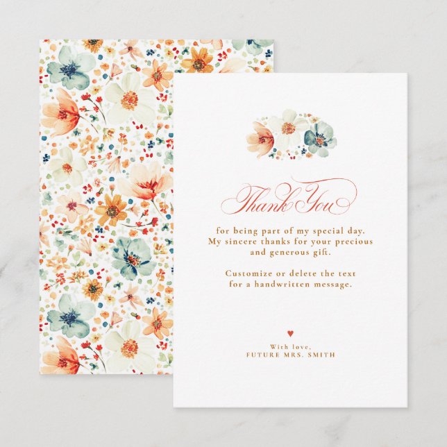 Fall Wildflower Wedding Small Thank You  Card (Front/Back)