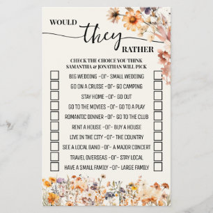 Fall Wildflower Would They Rather Shower Game Card