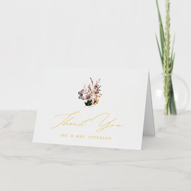 Fall Wildflowers Bouquet Folded Wedding Thank You Foil Greeting Card (Front)