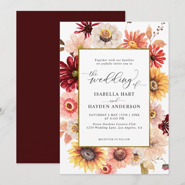 Fall Wildflowers Burgundy Gold Colourful Wedding Invitation (Front/Back)
